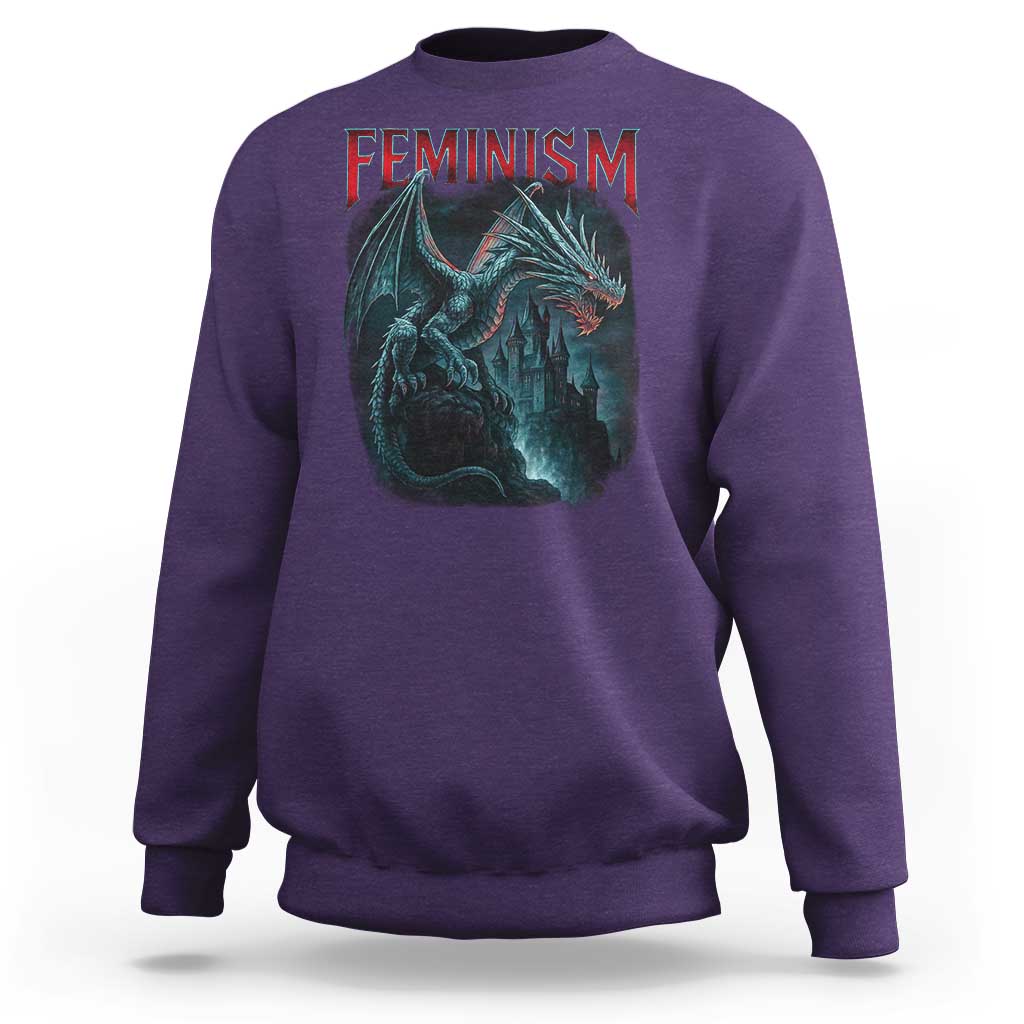 Feminism Dragon Sweatshirt Retro Vintage Gothic Fantasy Castle Feminist Empowerment - Wonder Print Shop