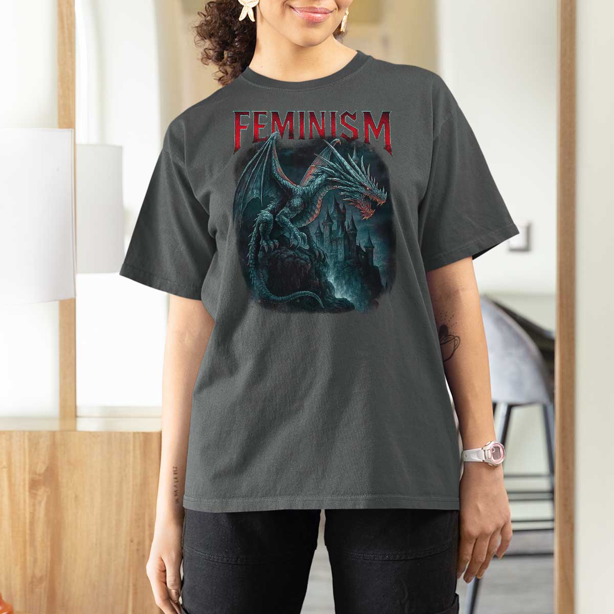 Feminism Dragon T Shirt For Women Retro Vintage Gothic Fantasy Castle Feminist Empowerment - Wonder Print Shop