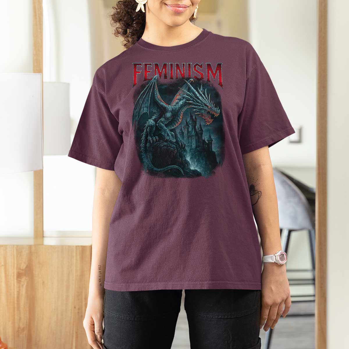 Feminism Dragon T Shirt For Women Retro Vintage Gothic Fantasy Castle Feminist Empowerment - Wonder Print Shop