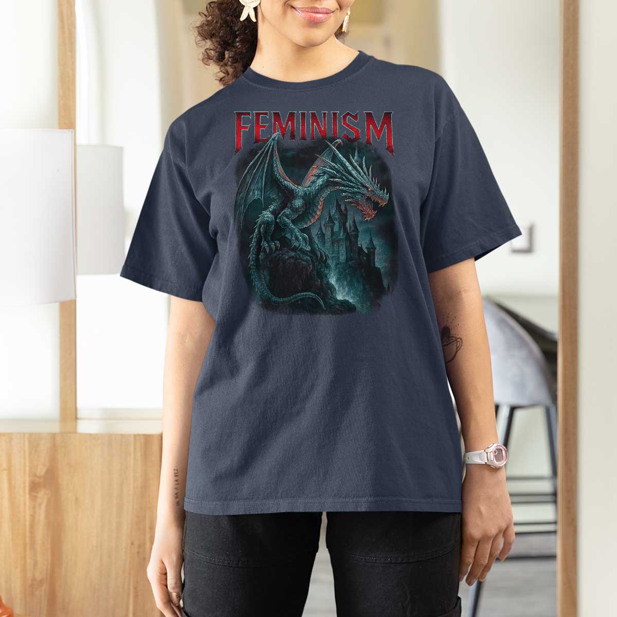 Feminism Dragon T Shirt For Women Retro Vintage Gothic Fantasy Castle Feminist Empowerment - Wonder Print Shop