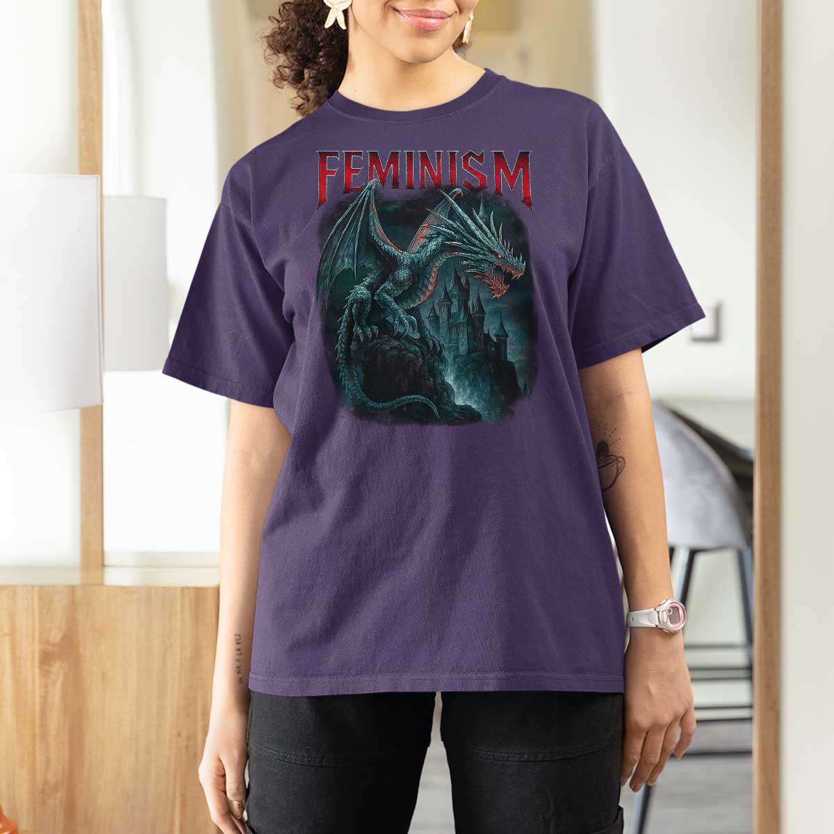 Feminism Dragon T Shirt For Women Retro Vintage Gothic Fantasy Castle Feminist Empowerment - Wonder Print Shop