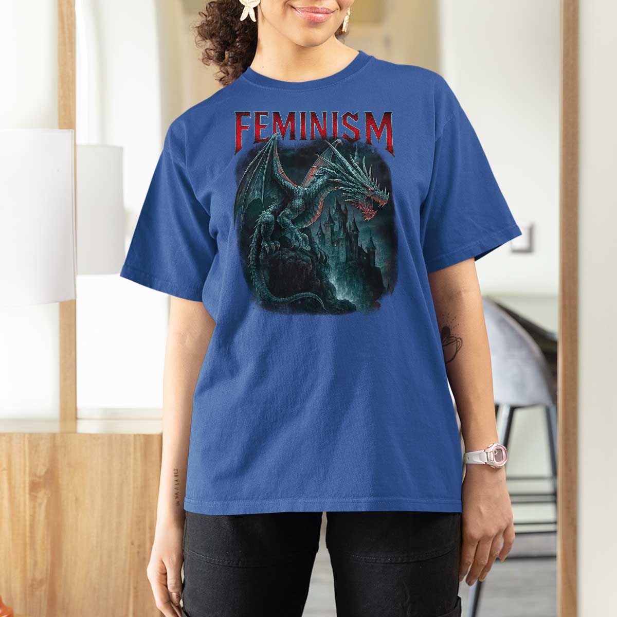 Feminism Dragon T Shirt For Women Retro Vintage Gothic Fantasy Castle Feminist Empowerment - Wonder Print Shop