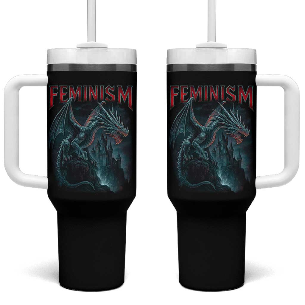 Feminism Dragon Tumbler With Handle Retro Vintage Gothic Fantasy Castle Feminist Empowerment - Wonder Print Shop