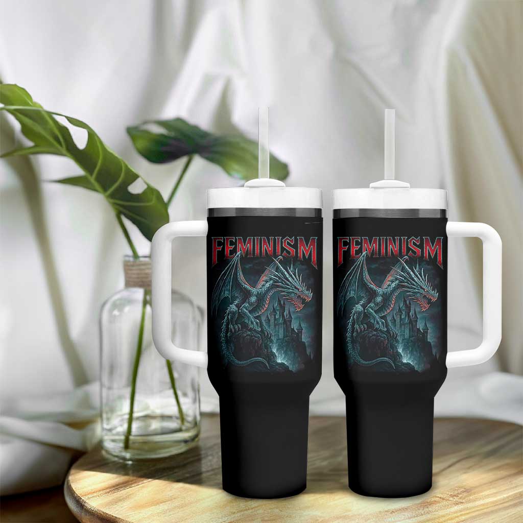 Feminism Dragon Tumbler With Handle Retro Vintage Gothic Fantasy Castle Feminist Empowerment - Wonder Print Shop