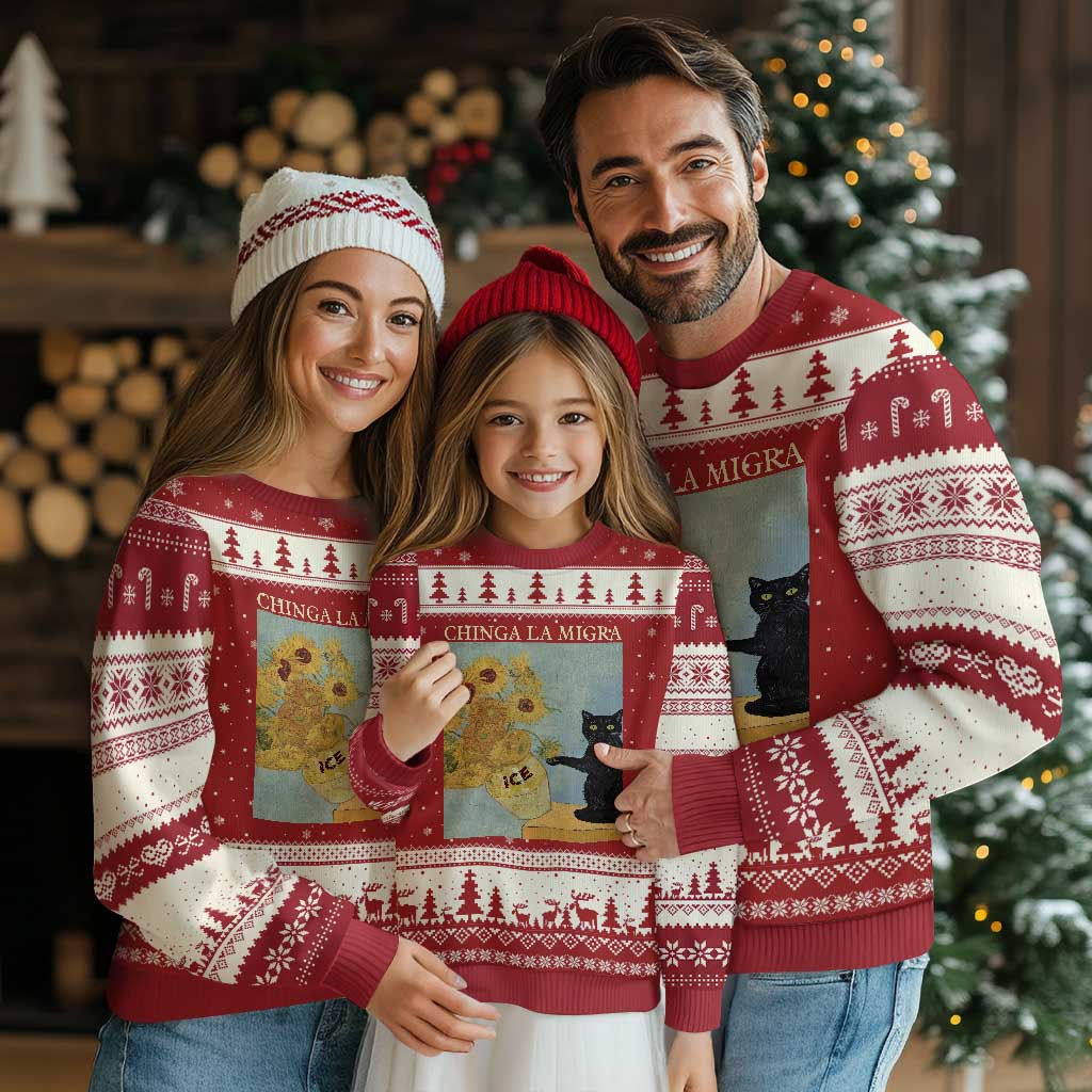 Chinga la Migra Ugly Christmas Sweater Subtle FDT Black Cat Meme Van Gogh Art - Wonder Print Shop