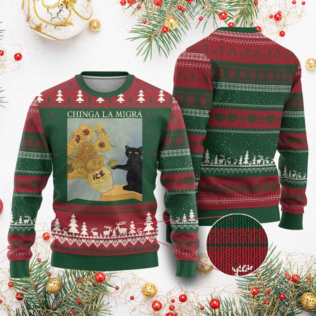 Chinga la Migra Ugly Christmas Sweater Subtle FDT Black Cat Meme Van Gogh Art - Wonder Print Shop