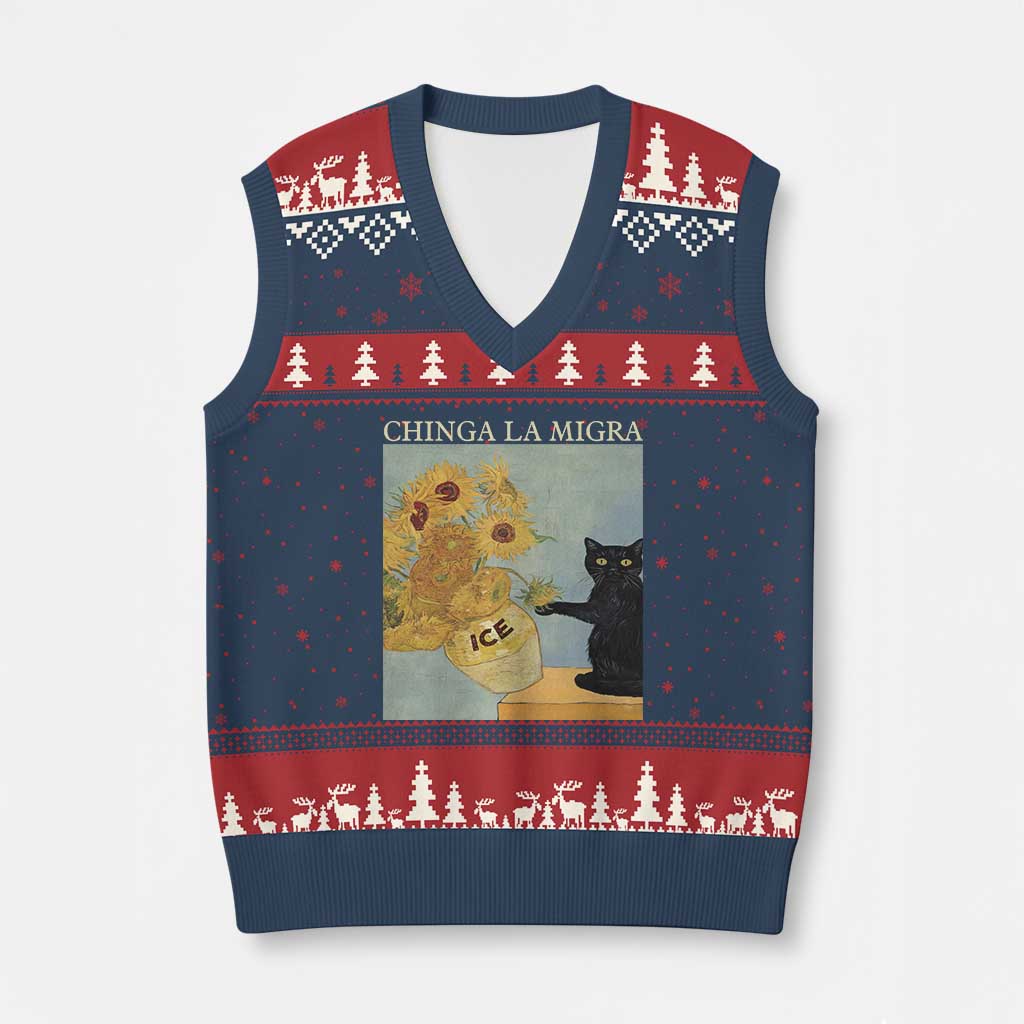 Chinga la Migra V-Neck Knit Sweater Vest Subtle FDT Black Cat Meme Van Gogh Art - Wonder Print Shop