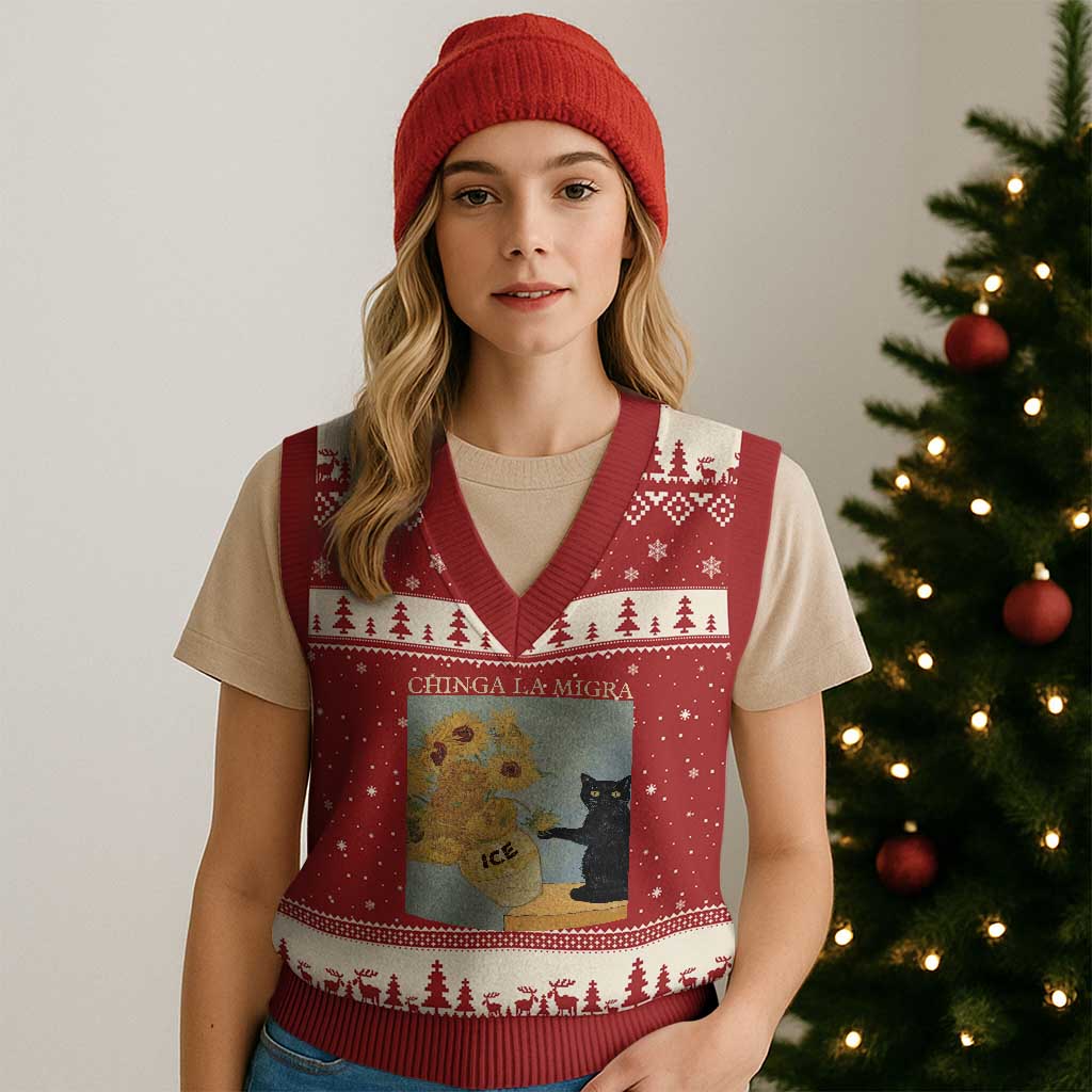 Chinga la Migra V-Neck Knit Sweater Vest Subtle FDT Black Cat Meme Van Gogh Art - Wonder Print Shop