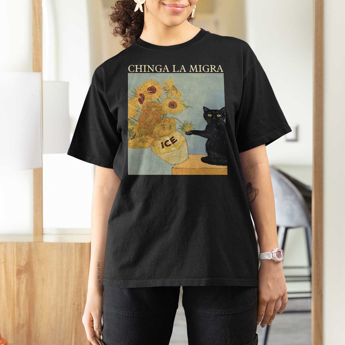 Chinga la Migra T Shirt For Women Subtle FDT Black Cat Meme Van Gogh Art - Wonder Print Shop