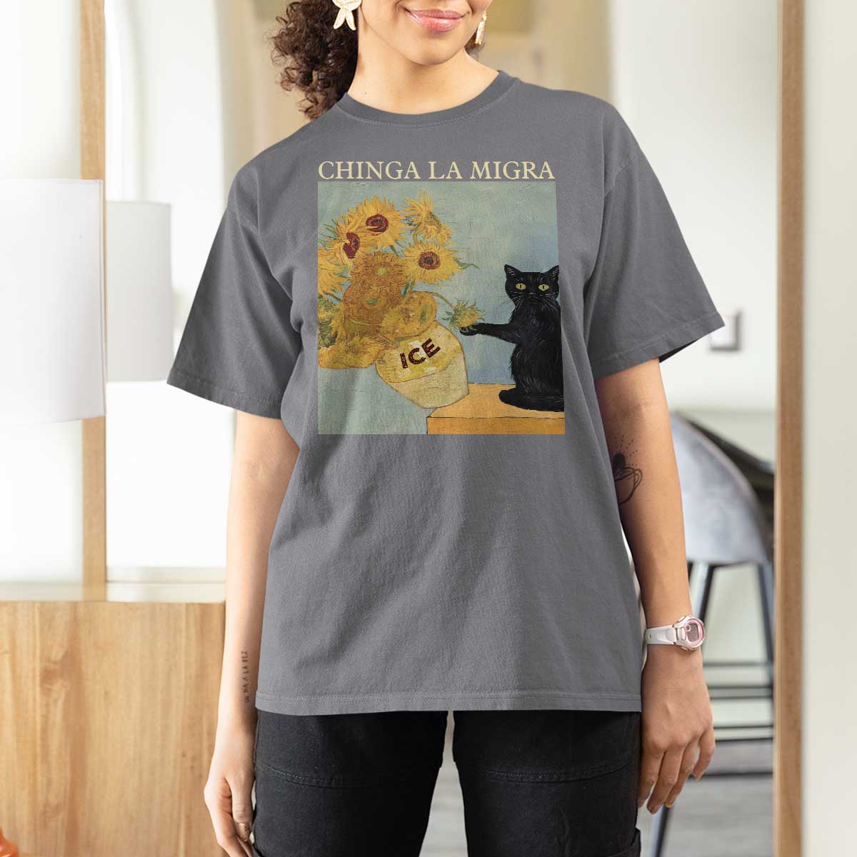 Chinga la Migra T Shirt For Women Subtle FDT Black Cat Meme Van Gogh Art - Wonder Print Shop