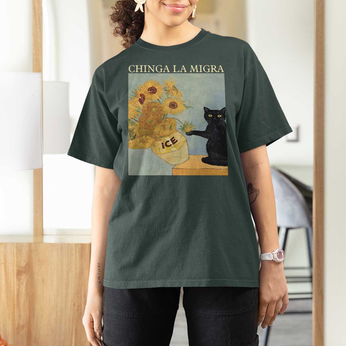 Chinga la Migra T Shirt For Women Subtle FDT Black Cat Meme Van Gogh Art - Wonder Print Shop