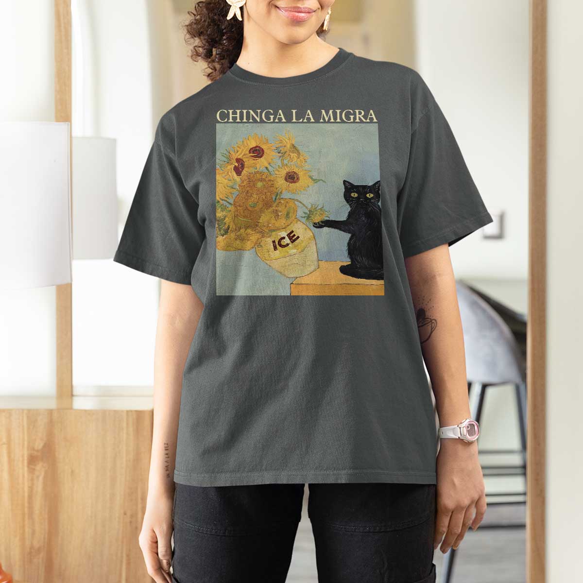 Chinga la Migra T Shirt For Women Subtle FDT Black Cat Meme Van Gogh Art - Wonder Print Shop