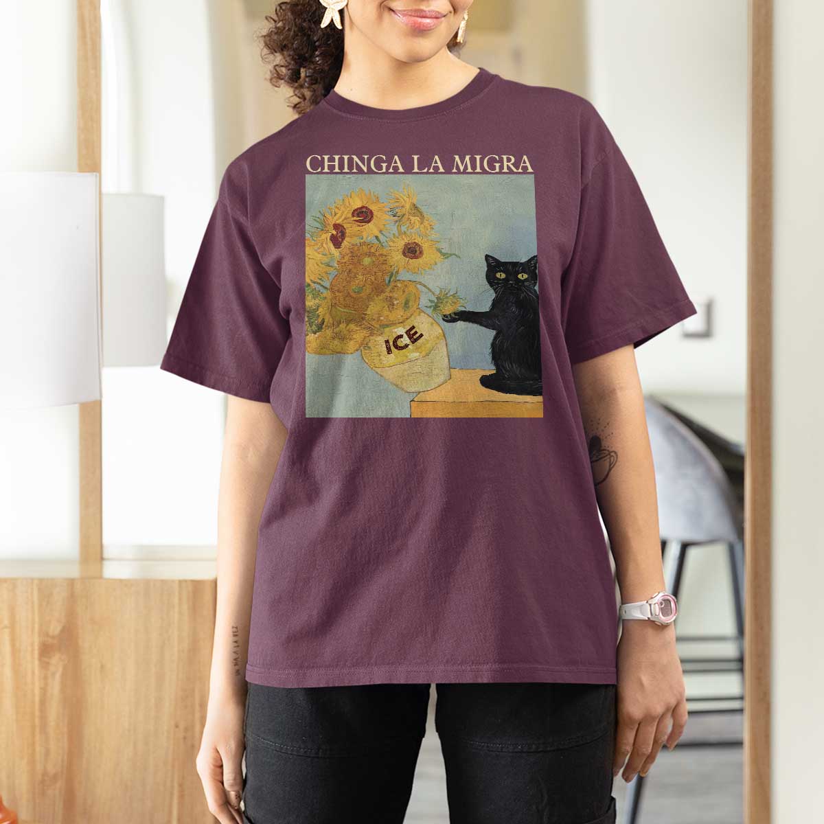 Chinga la Migra T Shirt For Women Subtle FDT Black Cat Meme Van Gogh Art - Wonder Print Shop