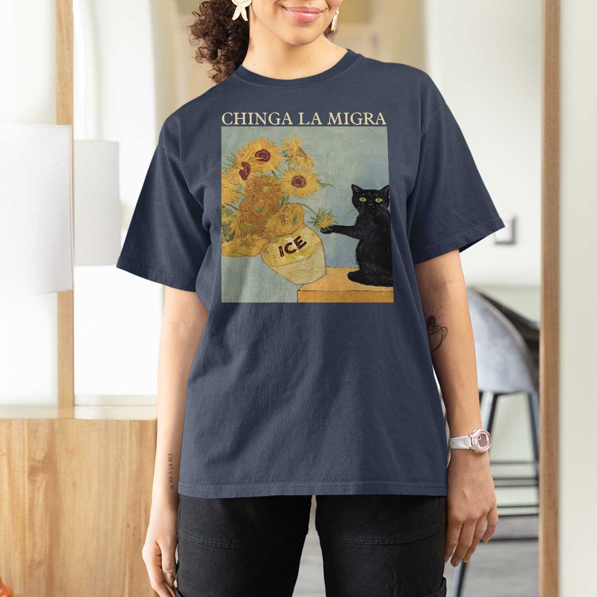 Chinga la Migra T Shirt For Women Subtle FDT Black Cat Meme Van Gogh Art - Wonder Print Shop