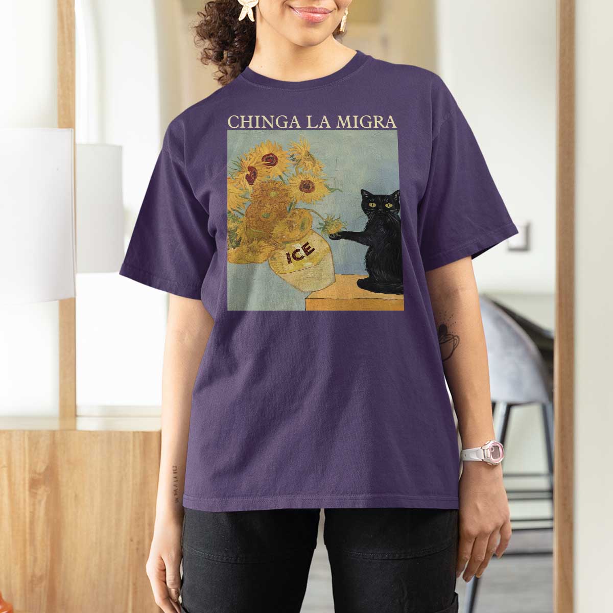 Chinga la Migra T Shirt For Women Subtle FDT Black Cat Meme Van Gogh Art - Wonder Print Shop
