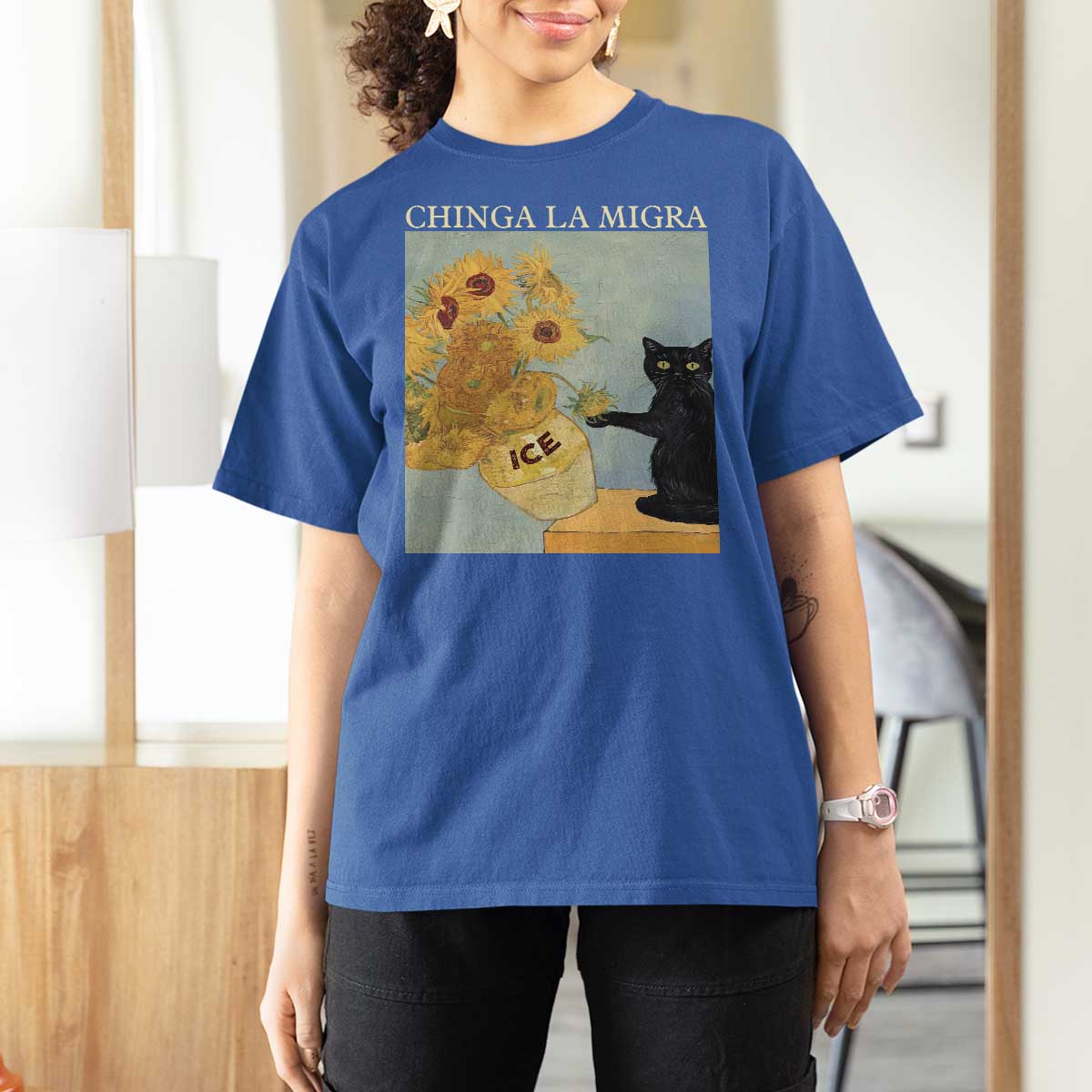 Chinga la Migra T Shirt For Women Subtle FDT Black Cat Meme Van Gogh Art - Wonder Print Shop
