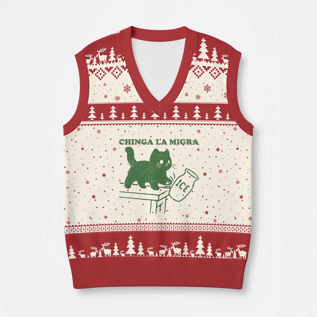 Chinga la Migra V-Neck Knit Sweater Vest Funny Subtle FDT Cat Meme - Wonder Print Shop