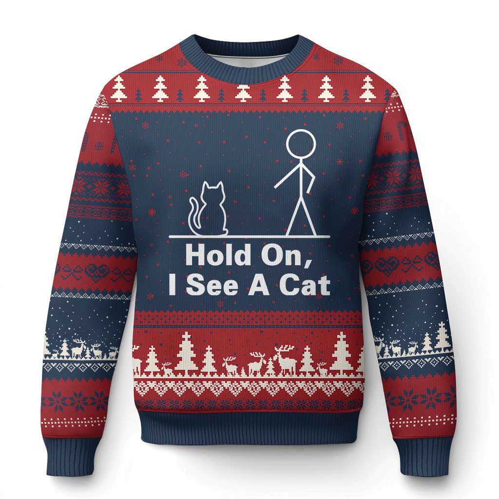 Hold On I See A Cat Ugly Christmas Sweater Funny Cat Person Stick Figure Graphic - Wonder Print Shop