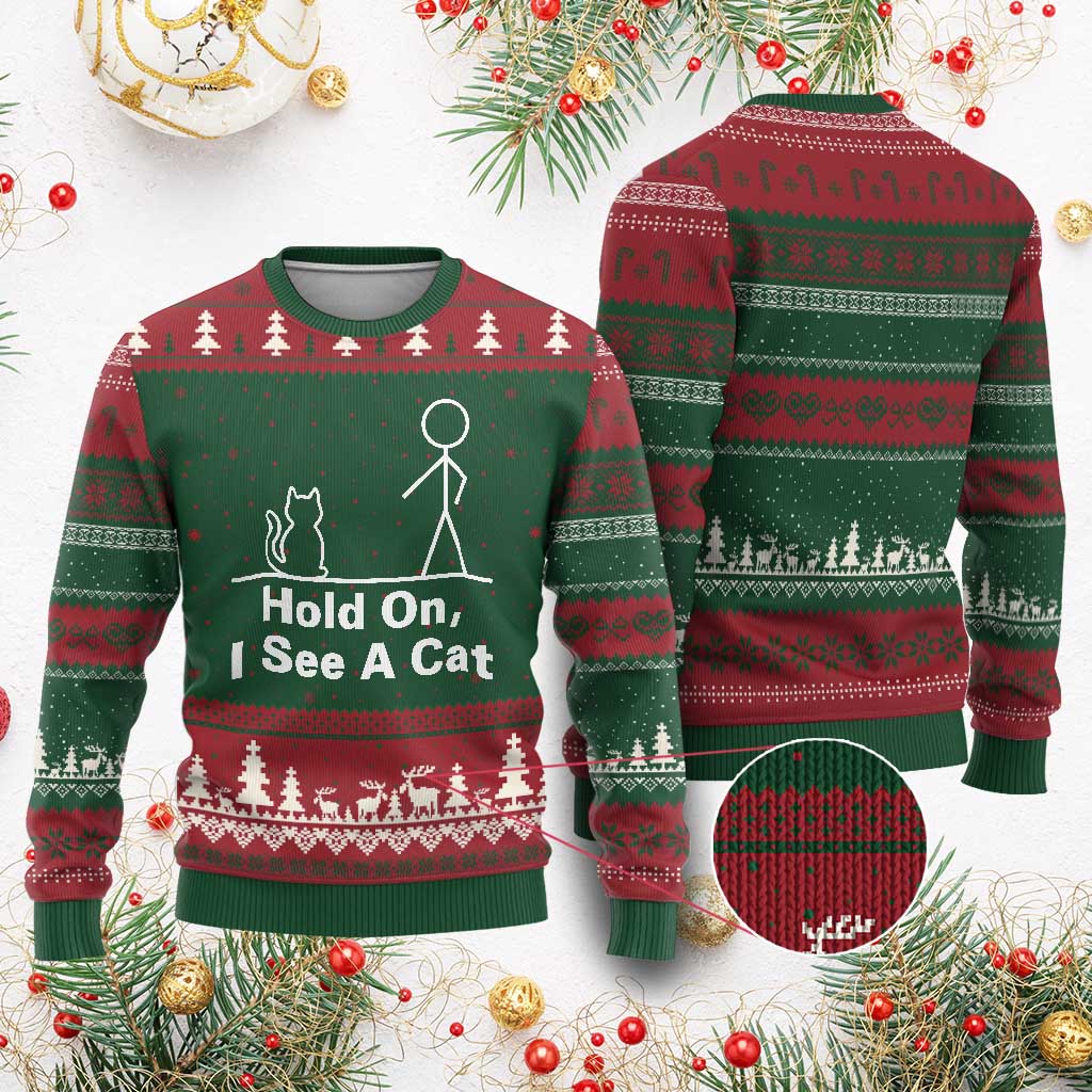 Hold On I See A Cat Ugly Christmas Sweater Funny Cat Person Stick Figure Graphic - Wonder Print Shop