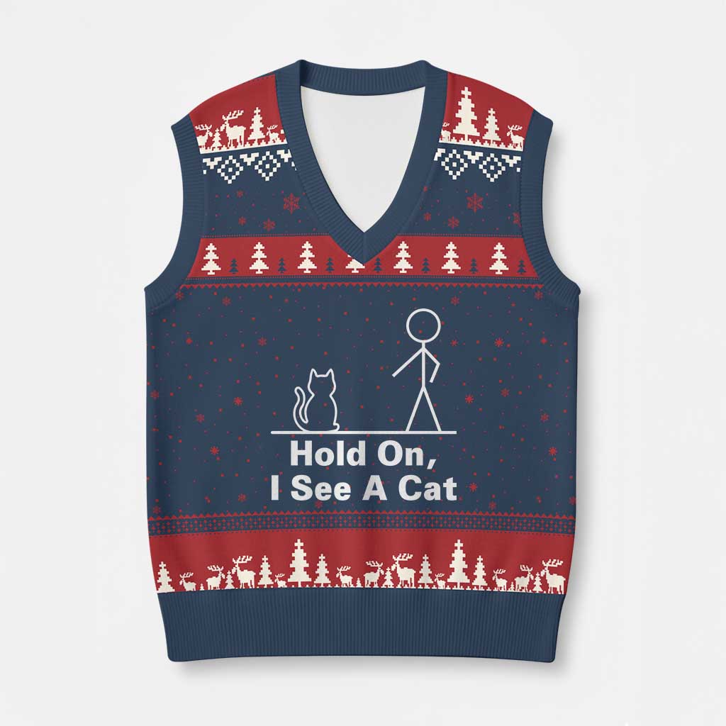 Hold On I See A Cat V-Neck Knit Sweater Vest Funny Cat Person Stick Figure Graphic - Wonder Print Shop