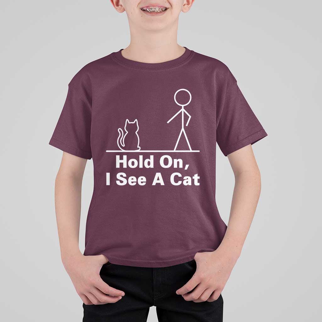 Hold On I See A Cat T Shirt For Kid Funny Cat Person Stick Figure Graphic - Wonder Print Shop