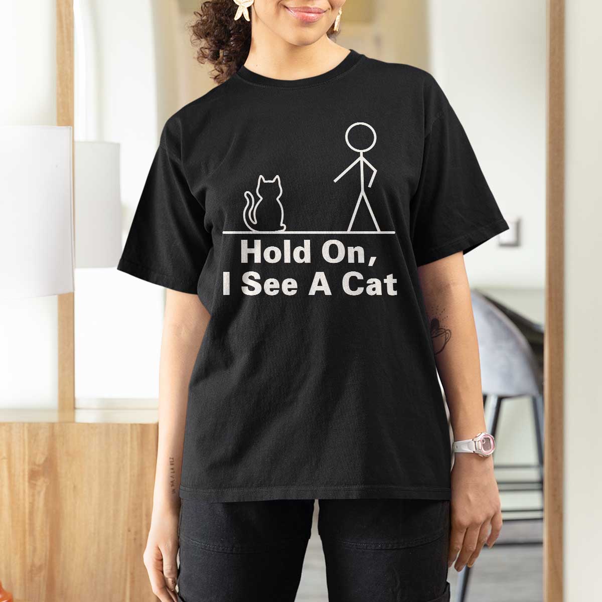 Hold On I See A Cat T Shirt For Women Funny Cat Person Stick Figure Graphic - Wonder Print Shop