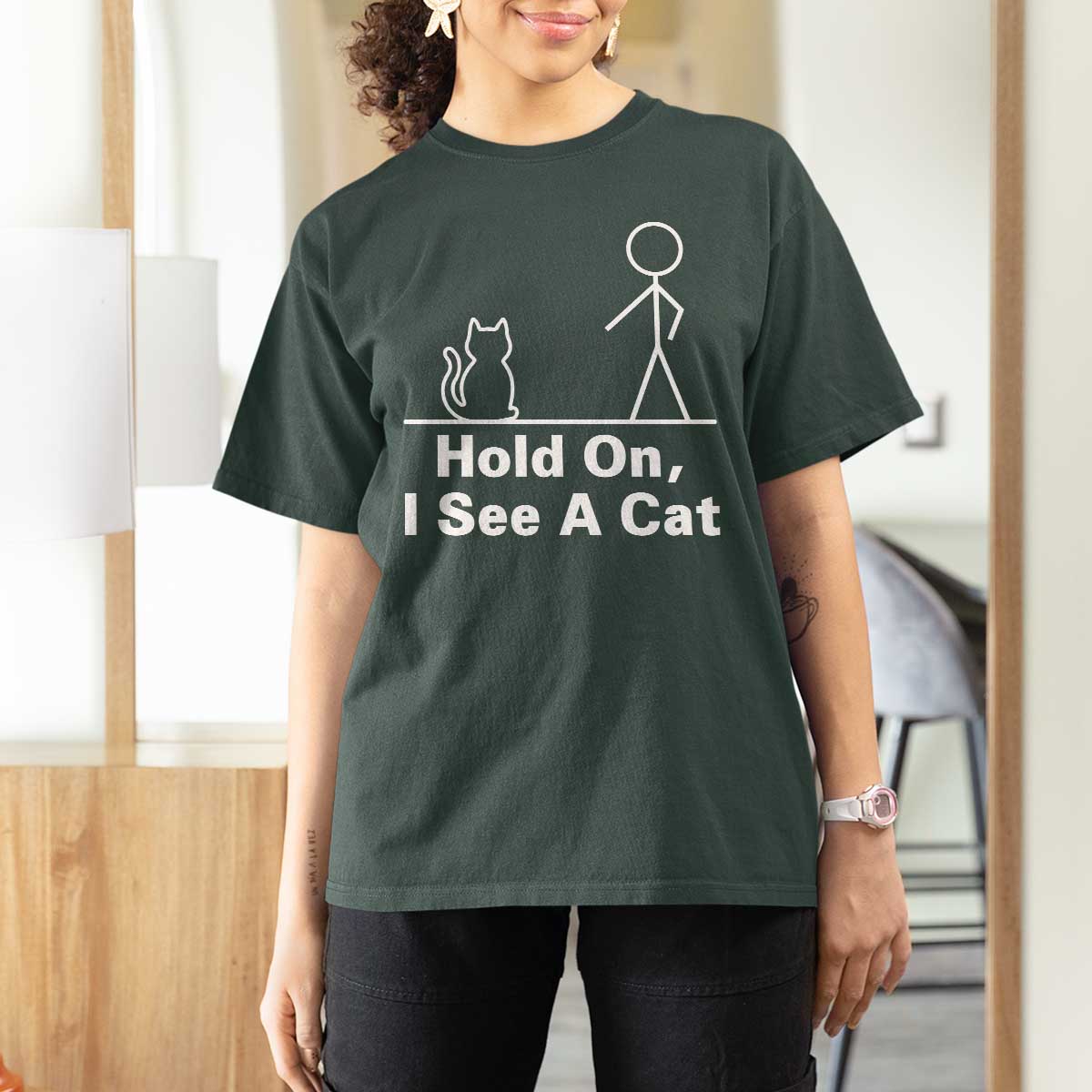 Hold On I See A Cat T Shirt For Women Funny Cat Person Stick Figure Graphic - Wonder Print Shop