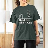 Hold On I See A Cat T Shirt For Women Funny Cat Person Stick Figure Graphic - Wonder Print Shop