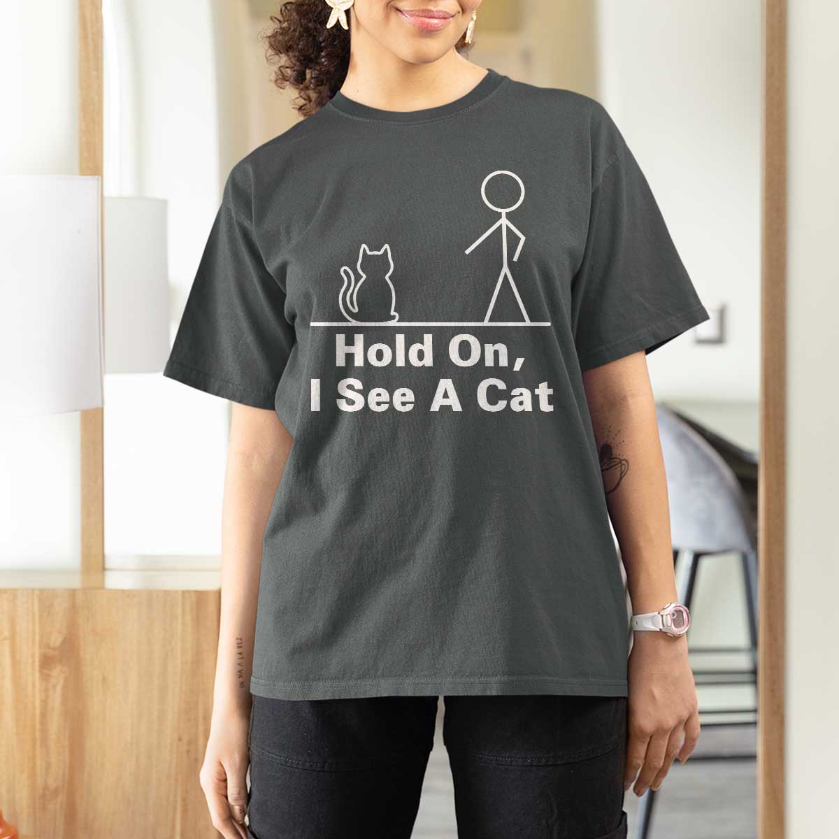 Hold On I See A Cat T Shirt For Women Funny Cat Person Stick Figure Graphic - Wonder Print Shop