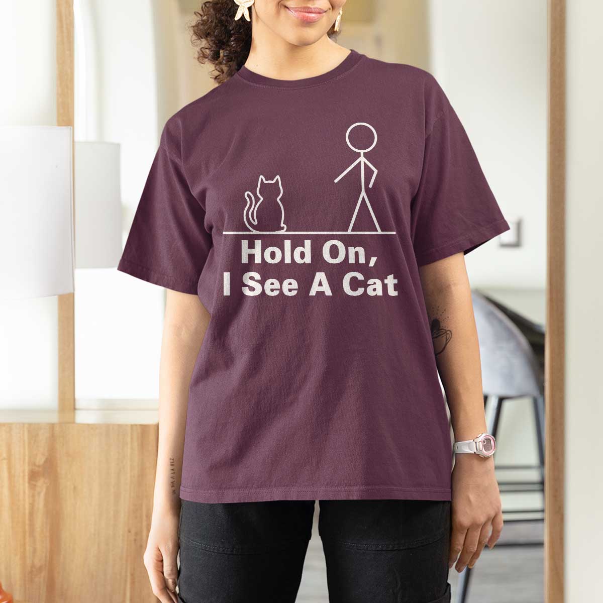 Hold On I See A Cat T Shirt For Women Funny Cat Person Stick Figure Graphic - Wonder Print Shop