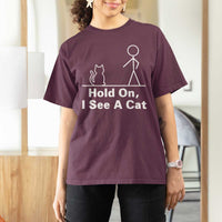 Hold On I See A Cat T Shirt For Women Funny Cat Person Stick Figure Graphic - Wonder Print Shop