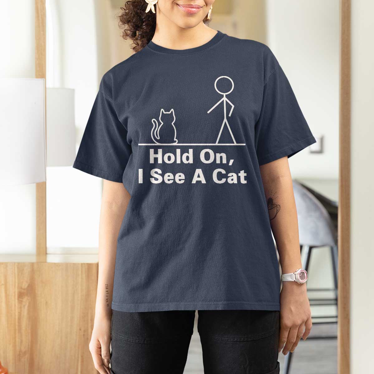 Hold On I See A Cat T Shirt For Women Funny Cat Person Stick Figure Graphic - Wonder Print Shop