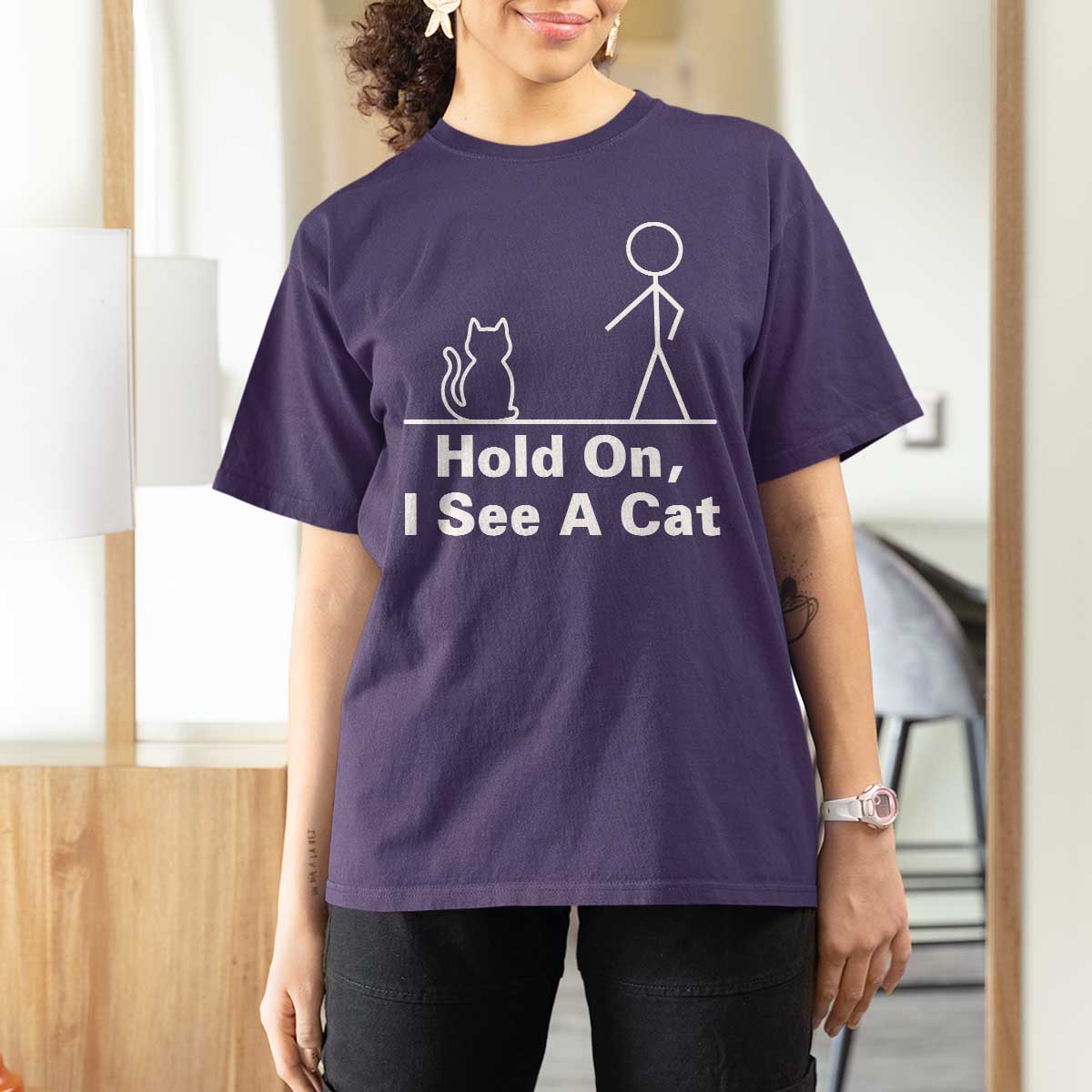 Hold On I See A Cat T Shirt For Women Funny Cat Person Stick Figure Graphic - Wonder Print Shop