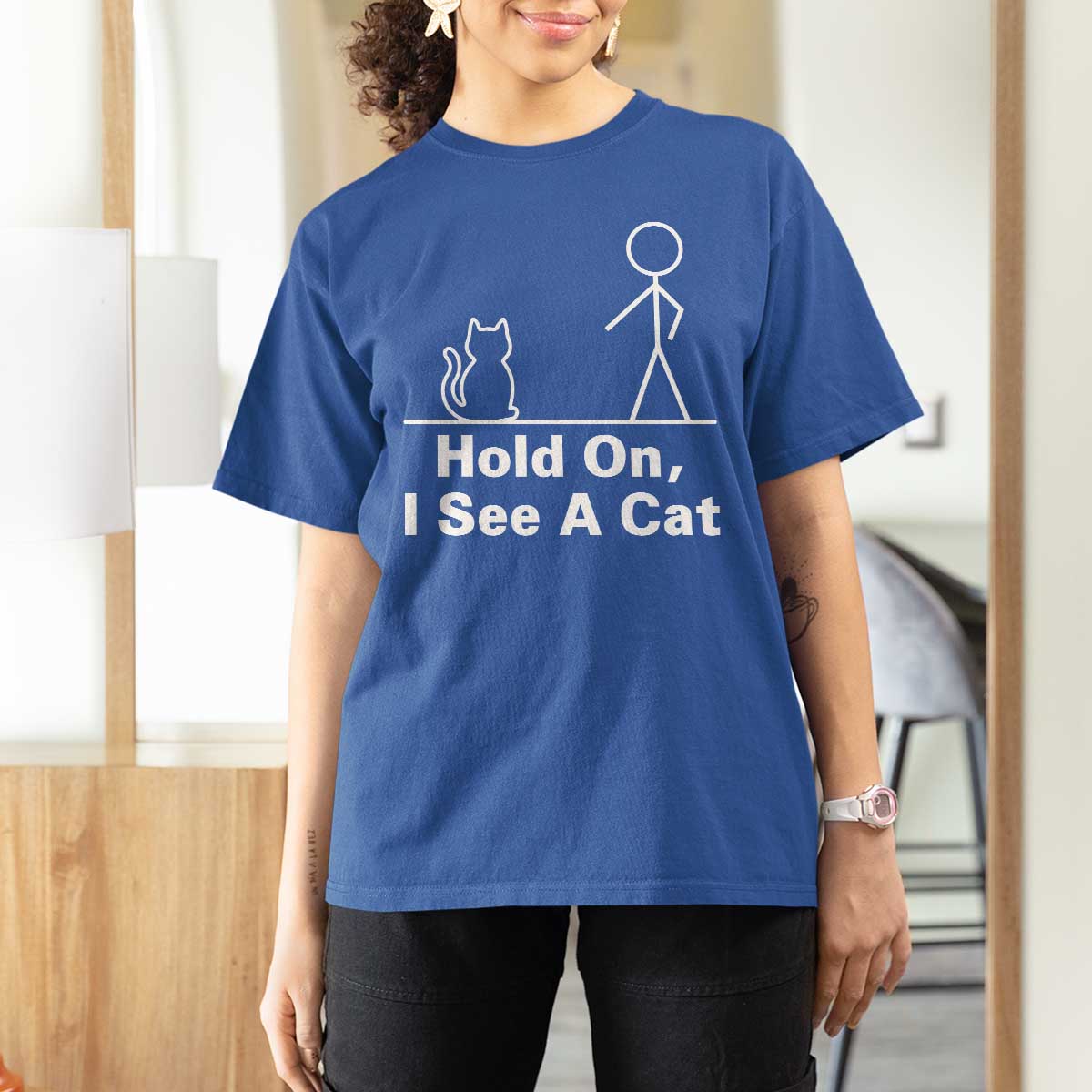 Hold On I See A Cat T Shirt For Women Funny Cat Person Stick Figure Graphic - Wonder Print Shop