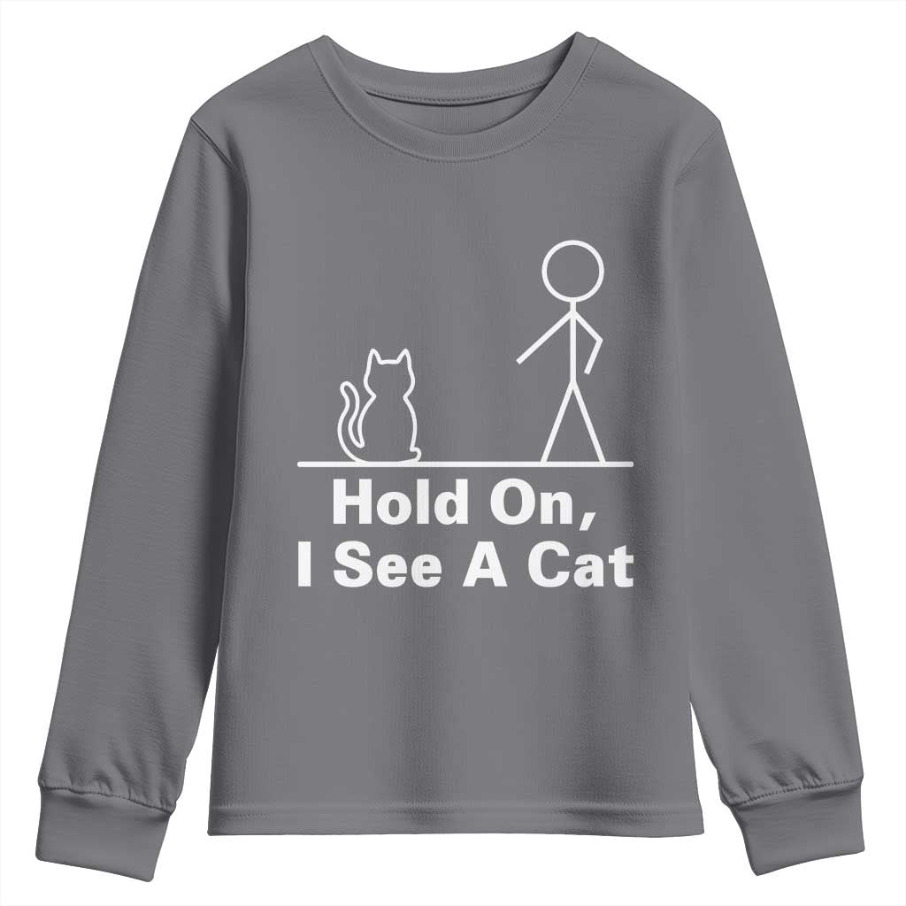 Hold On I See A Cat Youth Sweatshirt Funny Cat Person Stick Figure Graphic - Wonder Print Shop