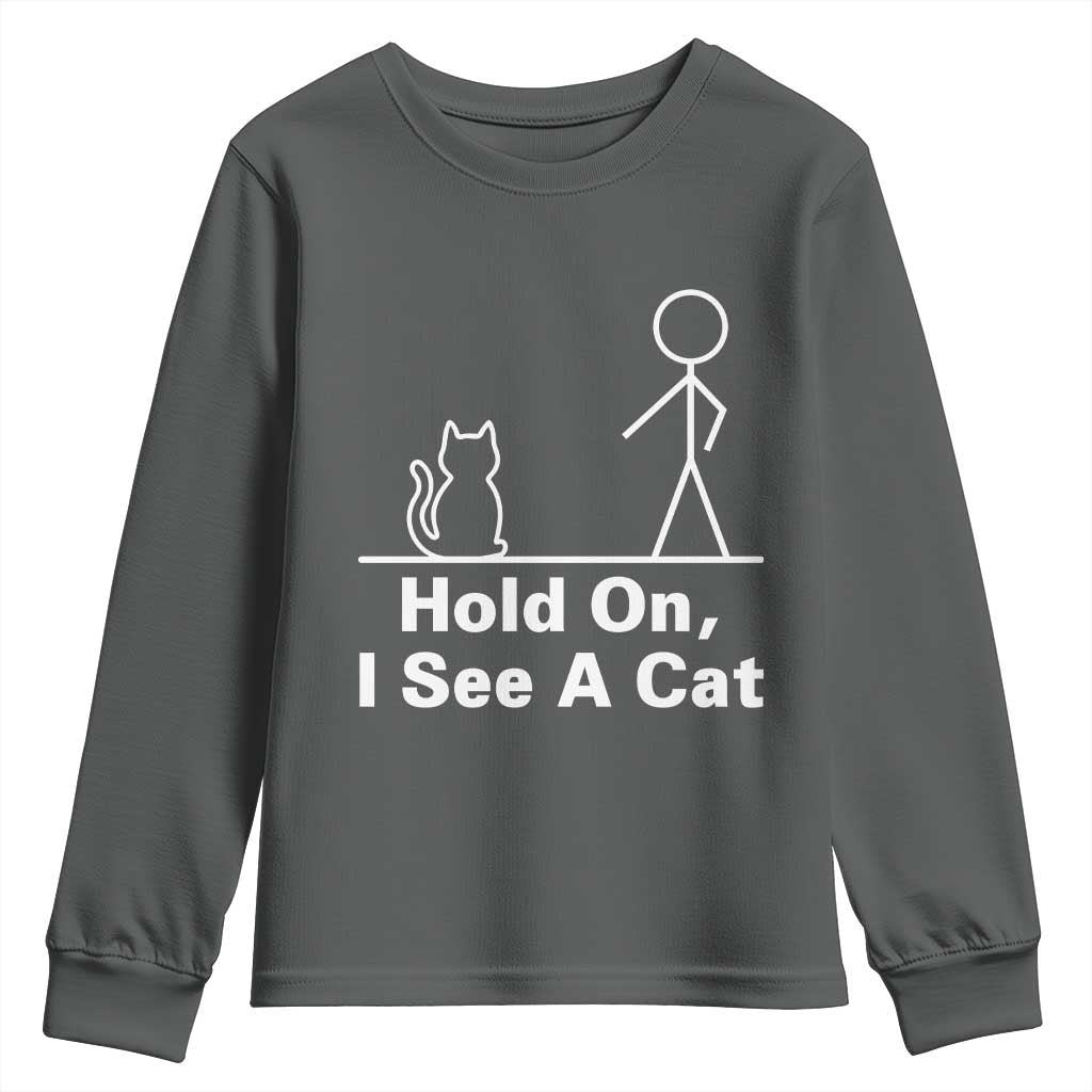 Hold On I See A Cat Youth Sweatshirt Funny Cat Person Stick Figure Graphic - Wonder Print Shop