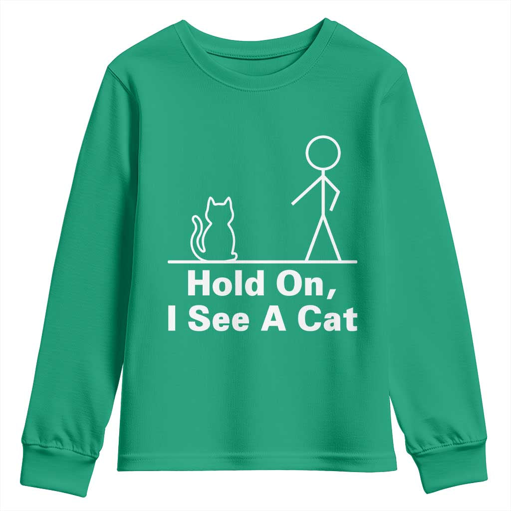 Hold On I See A Cat Youth Sweatshirt Funny Cat Person Stick Figure Graphic - Wonder Print Shop