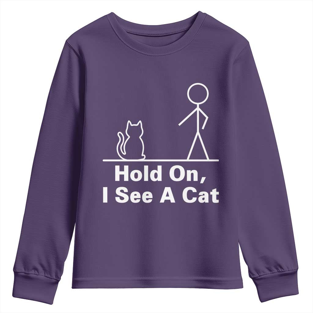 Hold On I See A Cat Youth Sweatshirt Funny Cat Person Stick Figure Graphic - Wonder Print Shop
