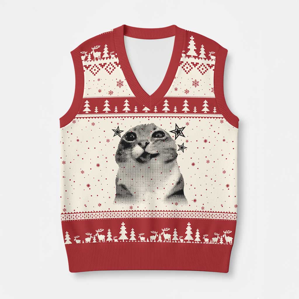 Funny Y2k Cat Meme V-Neck Knit Sweater Vest Vintage Retro Silly Cats Cats lover Gift - Wonder Print Shop