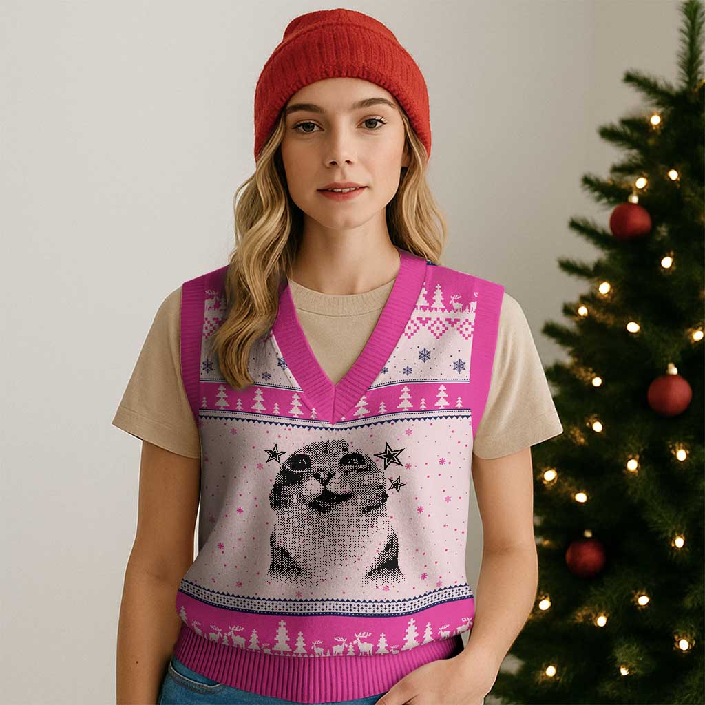 Funny Y2k Cat Meme V-Neck Knit Sweater Vest Vintage Retro Silly Cats Cats lover Gift - Wonder Print Shop