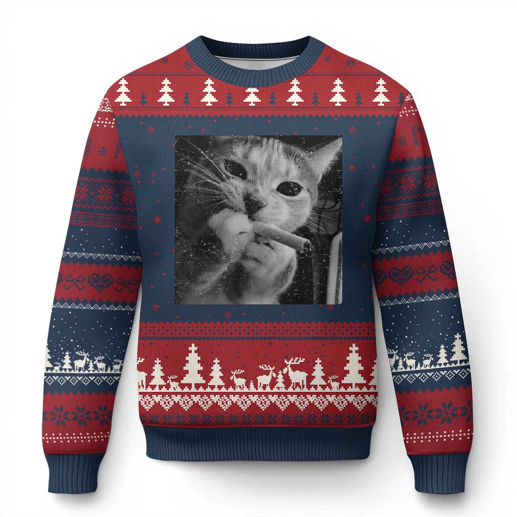 Smoking Cat Y2K Ugly Christmas Sweater Vintage Grunge Cat Edgy Retro 90s Streetwear - Wonder Print Shop