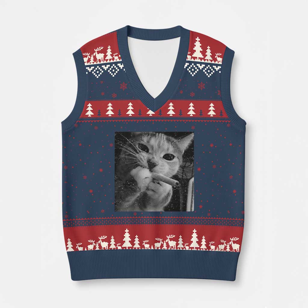 Smoking Cat Y2K V-Neck Knit Sweater Vest Vintage Grunge Cat Edgy Retro 90s Streetwear - Wonder Print Shop