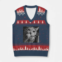 Smoking Cat Y2K V-Neck Knit Sweater Vest Vintage Grunge Cat Edgy Retro 90s Streetwear - Wonder Print Shop