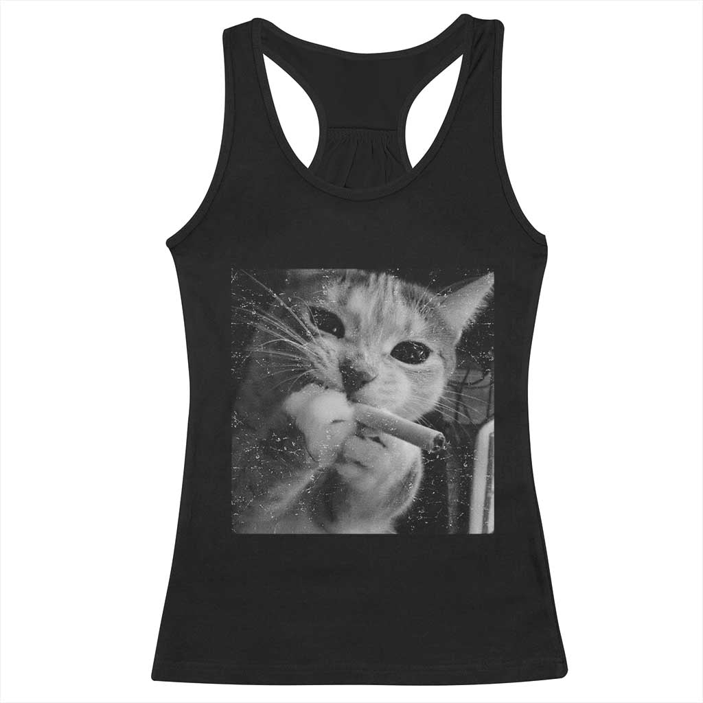 Smoking Cat Y2K Racerback Tank Top Vintage Grunge Cat Edgy Retro 90s Streetwear - Wonder Print Shop
