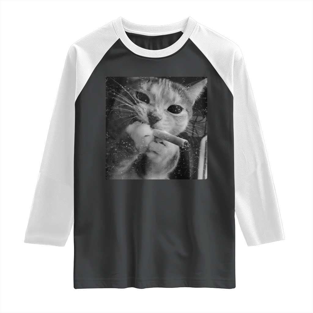 Smoking Cat Y2K Raglan Shirt Vintage Grunge Cat Edgy Retro 90s Streetwear - Wonder Print Shop