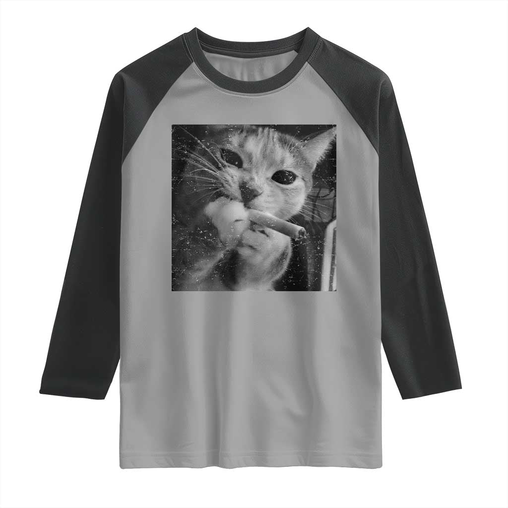 Smoking Cat Y2K Raglan Shirt Vintage Grunge Cat Edgy Retro 90s Streetwear - Wonder Print Shop