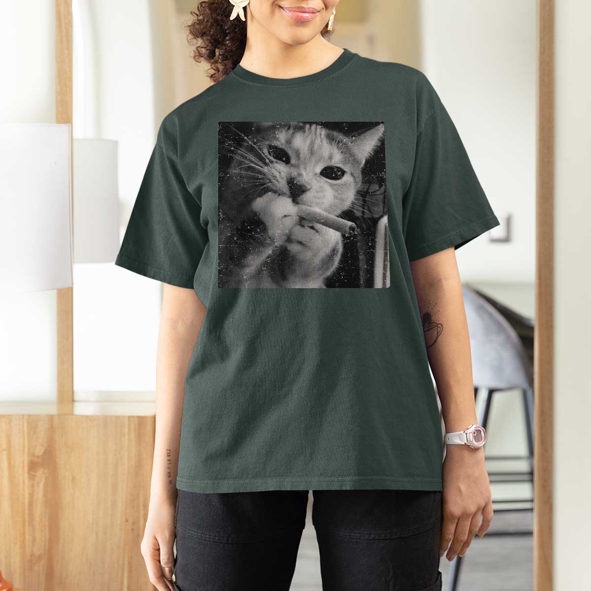 Smoking Cat Y2K T Shirt For Women Vintage Grunge Cat Edgy Retro 90s Streetwear - Wonder Print Shop