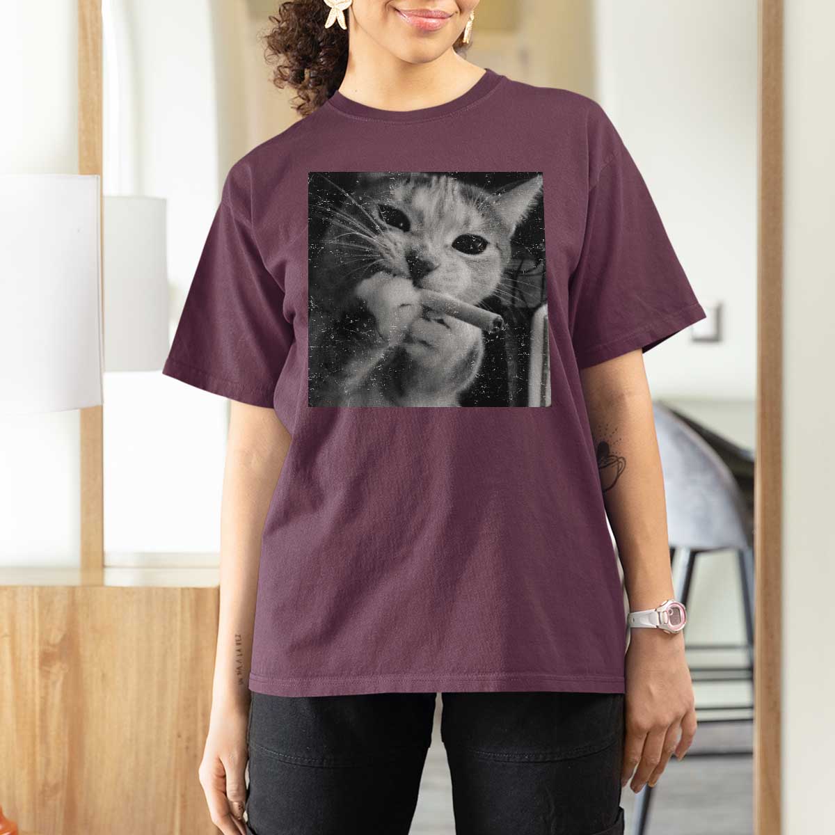 Smoking Cat Y2K T Shirt For Women Vintage Grunge Cat Edgy Retro 90s Streetwear - Wonder Print Shop