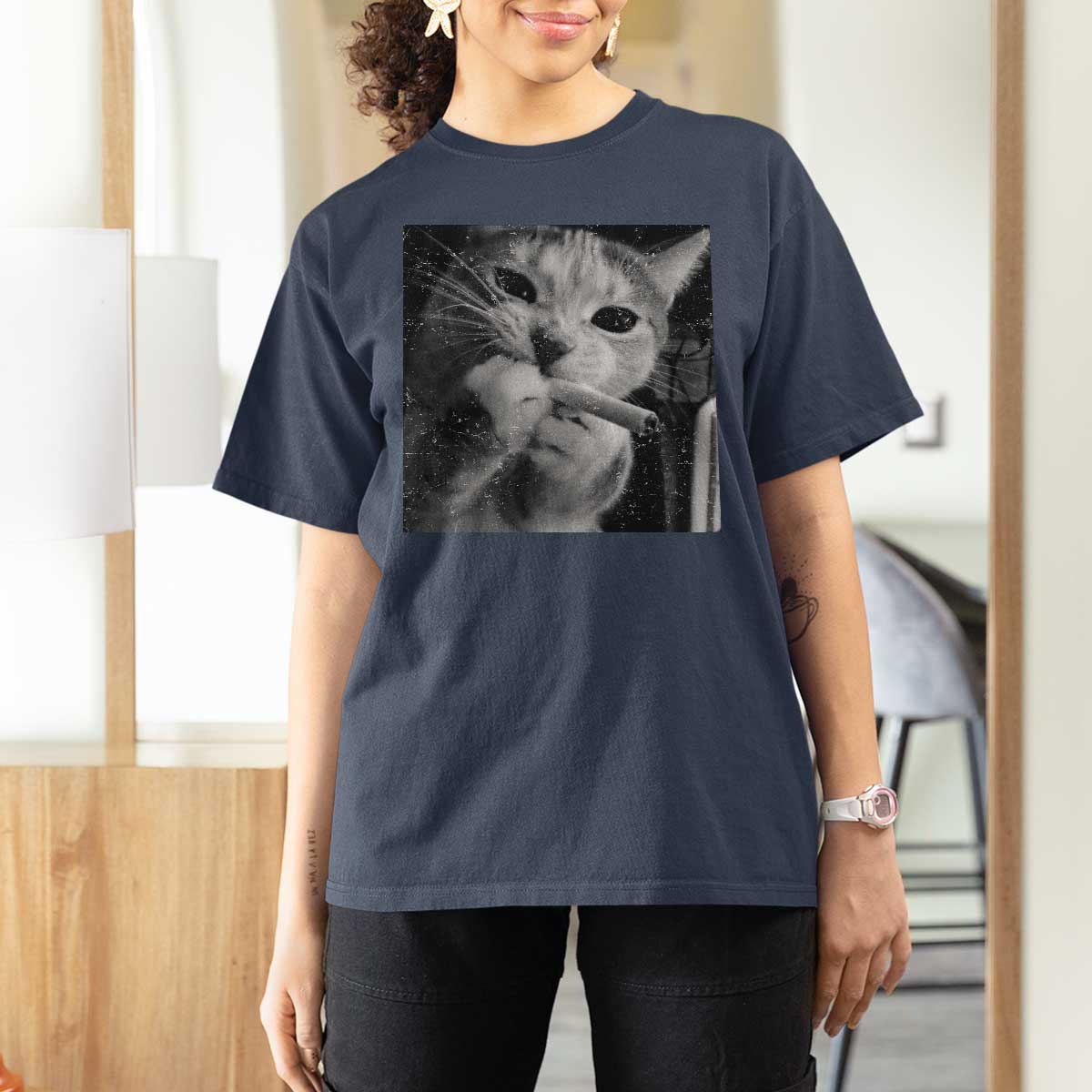 Smoking Cat Y2K T Shirt For Women Vintage Grunge Cat Edgy Retro 90s Streetwear - Wonder Print Shop