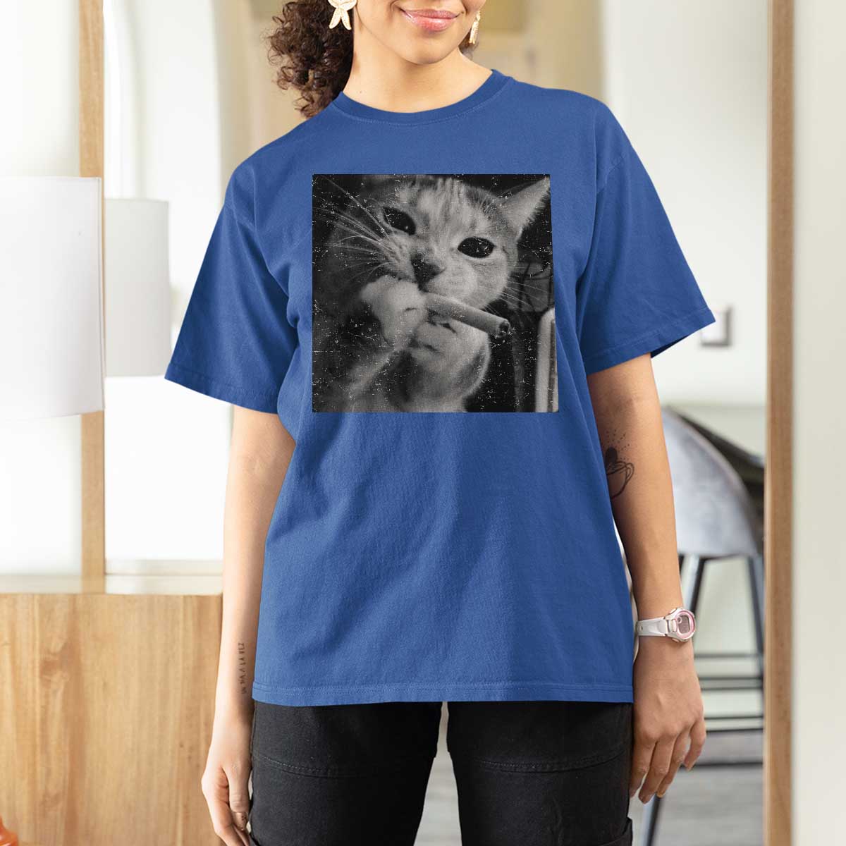 Smoking Cat Y2K T Shirt For Women Vintage Grunge Cat Edgy Retro 90s Streetwear - Wonder Print Shop